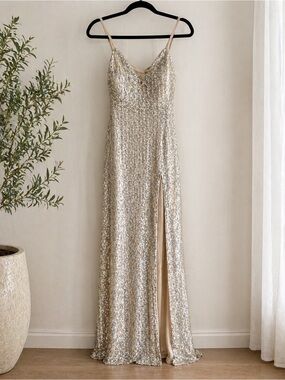 Windsor Champagne Sequin Maxi Dress Open Back Slit Glam Evening Size 3